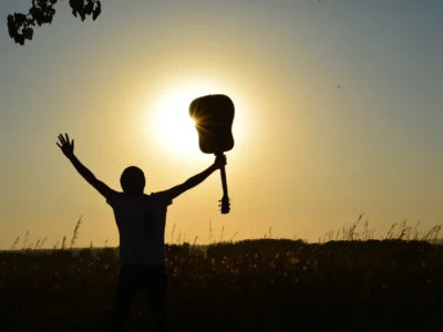silhouette of man holding guitar on plant fields at daytime
