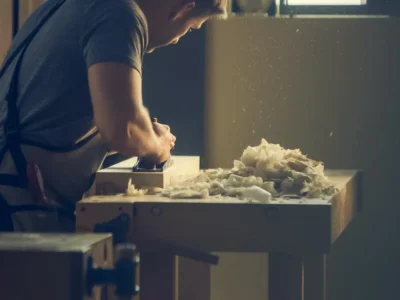 man person wooden table work