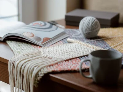 yarn near opened magazine and mug